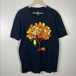 Threadless Black Tee with Yellow, Orange & Red Cat Tree Graphic
